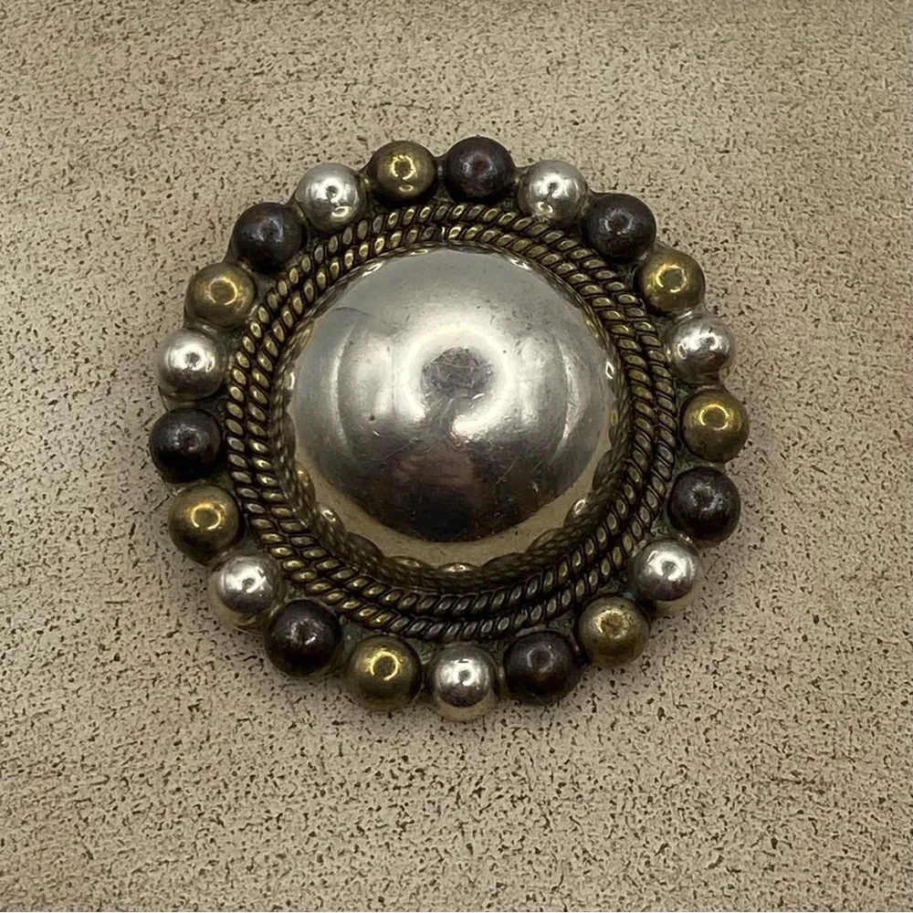 Vintage Taxco Mexico Sterling Textural Copper Bronze Dome Statement Brooch